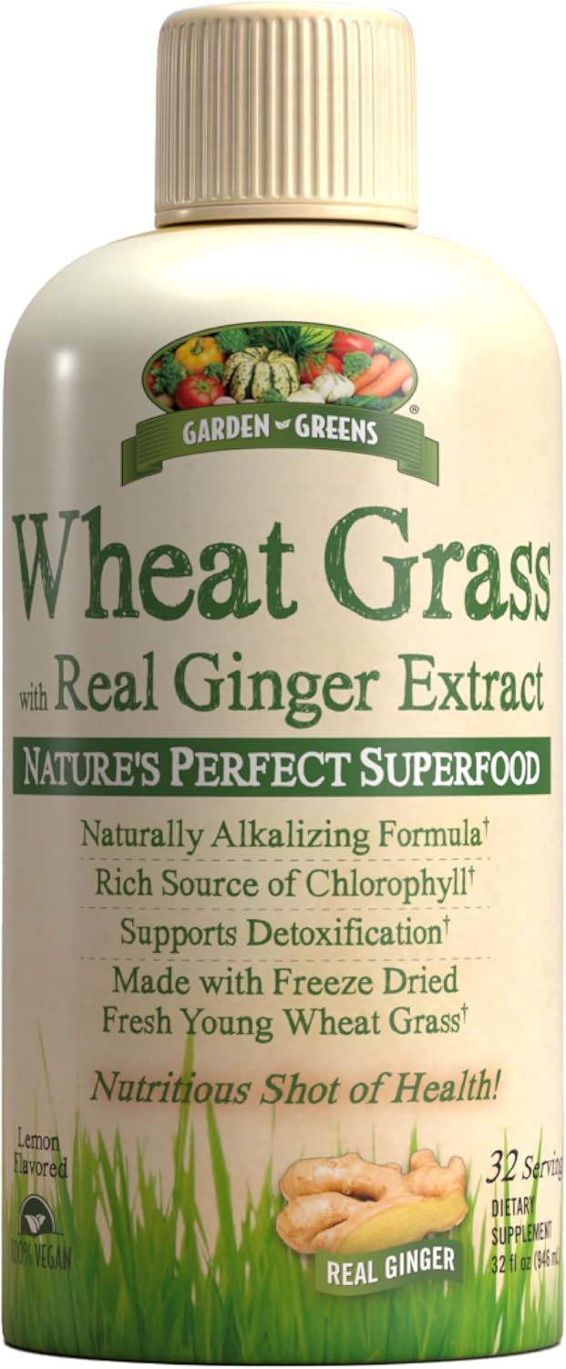 Garden Greens Wheatgrass Liquid with Real Ginger Extract – Nature’s Perfect Superfood, 32 Servings