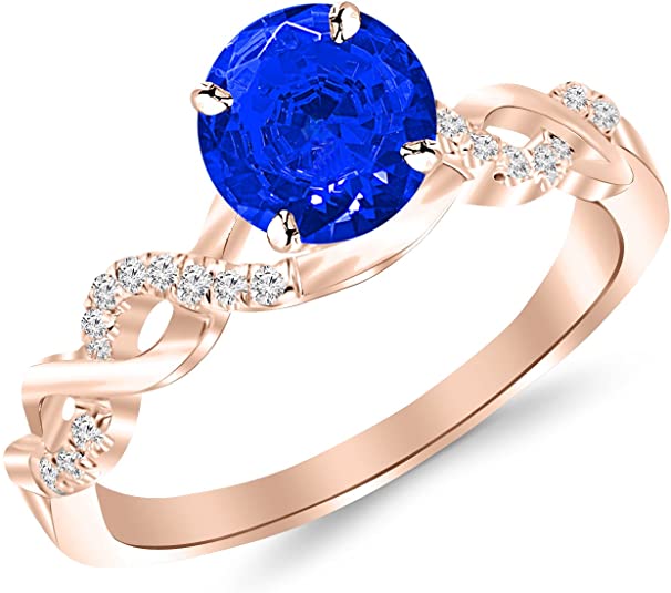 1.63 Carat 14K White Gold Twisting Infinity Gold and Diamond Split Shank Pave Set Diamond Engagement Ring with a 1.5 Carat Natural Blue Sapphire Center (Heirloom Quality)