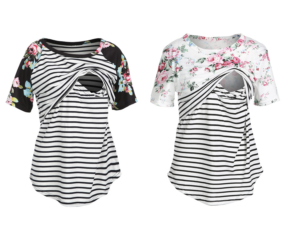 Women Breastfeeding Clothes Striped Floral Short Sleeve Nursing T-shirt - White