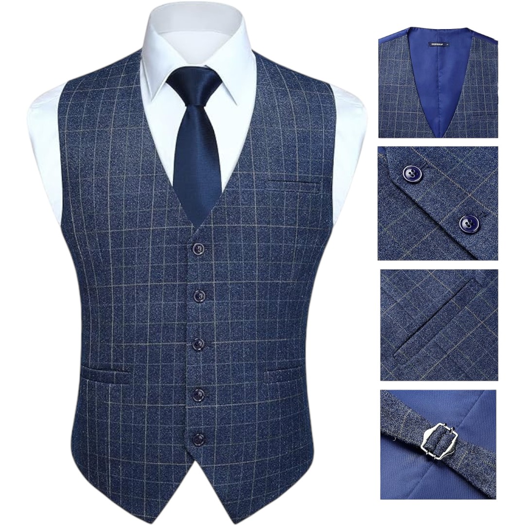 Men's Suit Vest Plaid Dress Vest for Men Slim Fit Formal Business Waistcoat Tuxedo V-Ncek Solid Vest for Wedding, Blue, XL