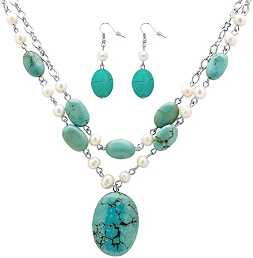 Palm Beach Jewelry Silver Tone Genuine Cultured Freshwater Pearl and Oval Genuine Green Turquoise, Necklace and Earring Set, 17 inches Plus