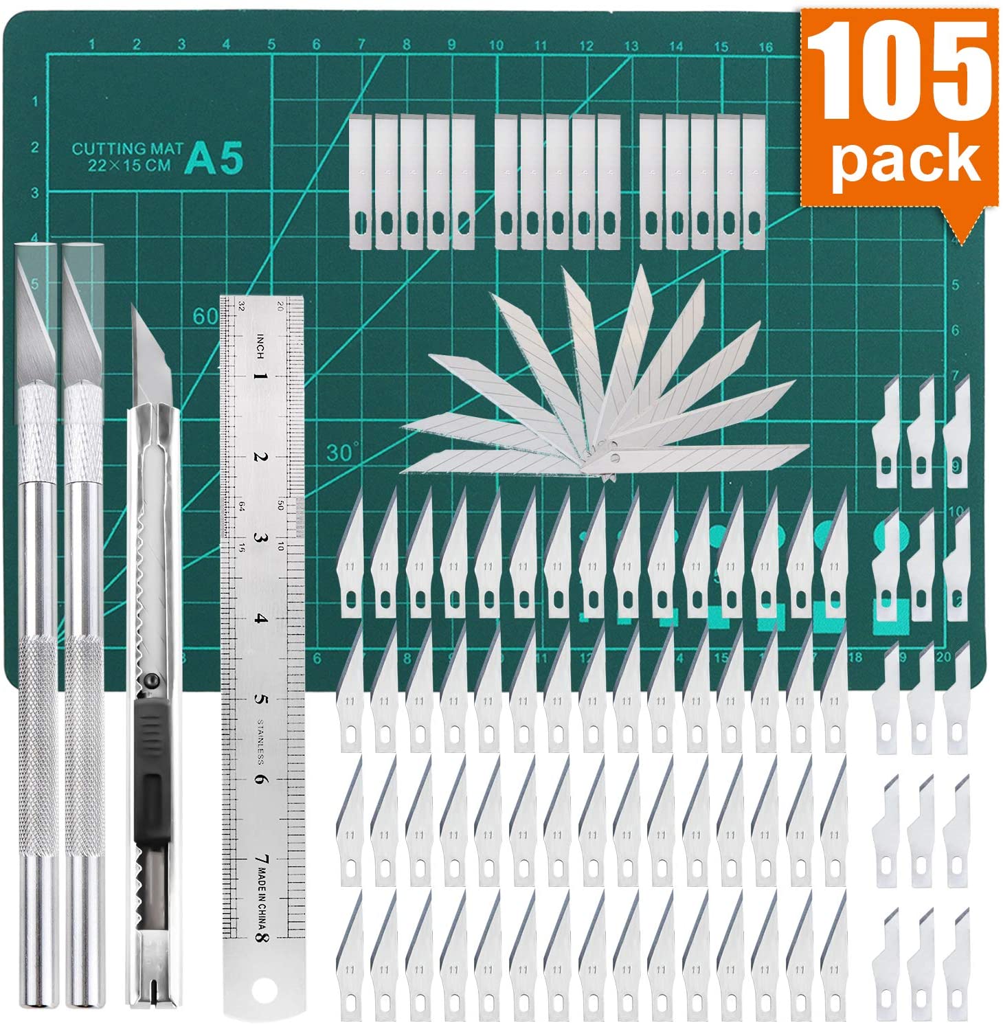 105 PCS Precision Carving Craft Hobby Knife Kit Includes 92 PCS Carving Blades with 2 Handles, 11 PCS SK5 Art Blades with 1 Handles, Cutting Board,Steel Rule for DIY Art Work Cutting, Hobby, Scrapbook