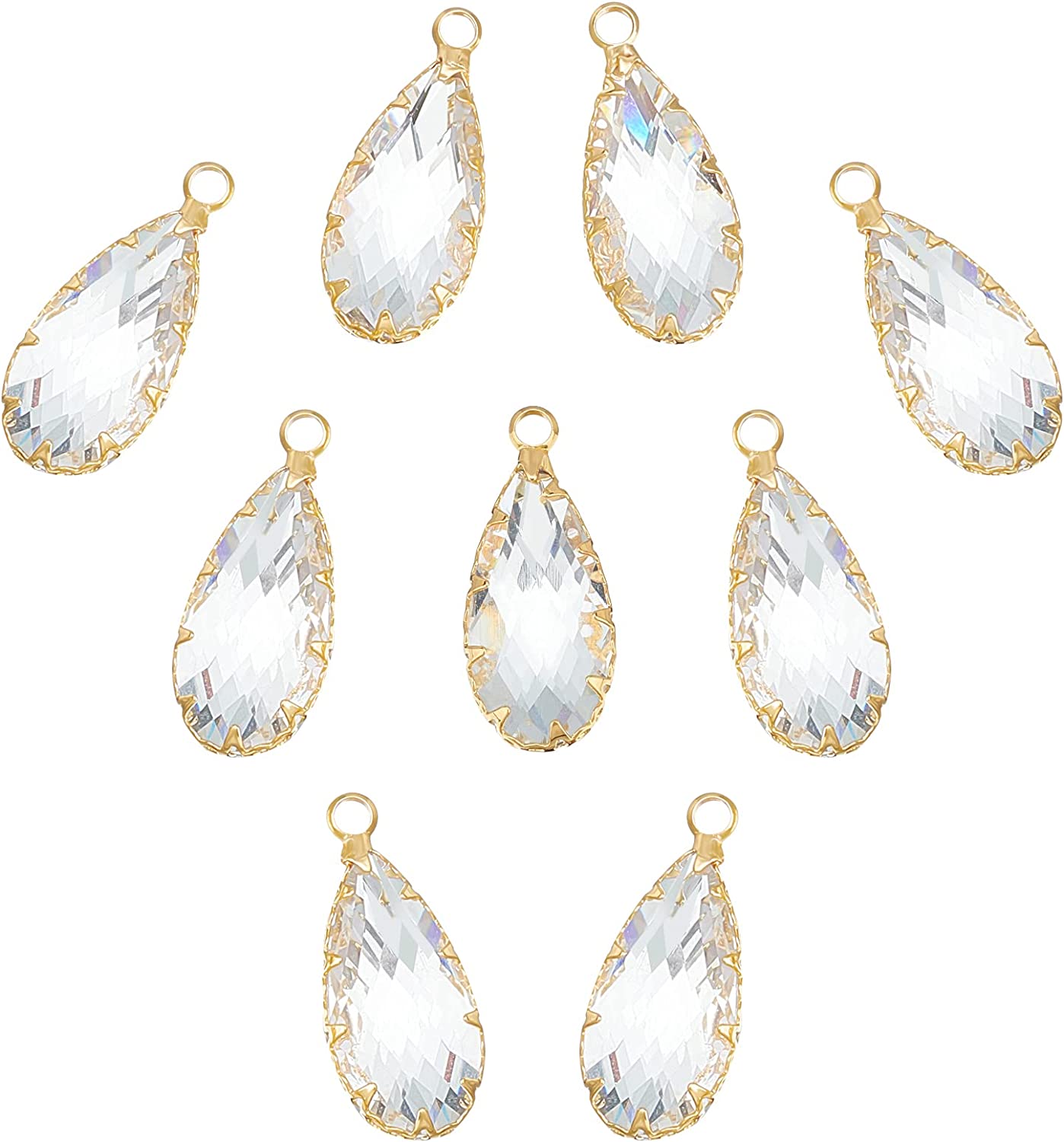 10Pcs 18K Real Gold Plated Brass Glass Charm Pendants, Faceted Drop Shape Charms for Valentine's Day Gift Jewelry Making DIY Accessories