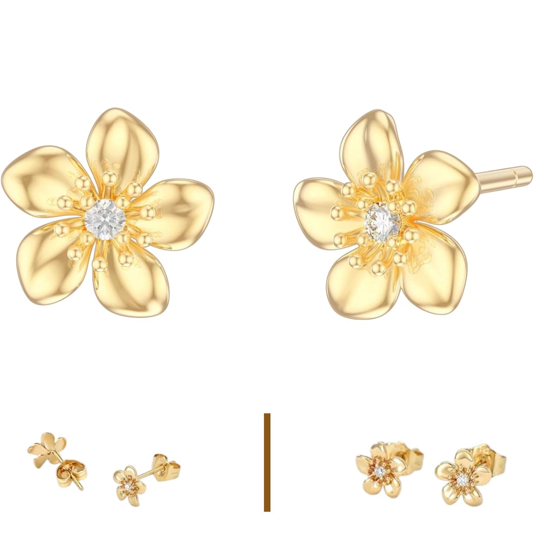14k Yellow Gold Flower Stud Earrings with Moissanite - Blossom Design Push Backs for Women, Elegant Anniversary & Eid Gift for Mom/Wife