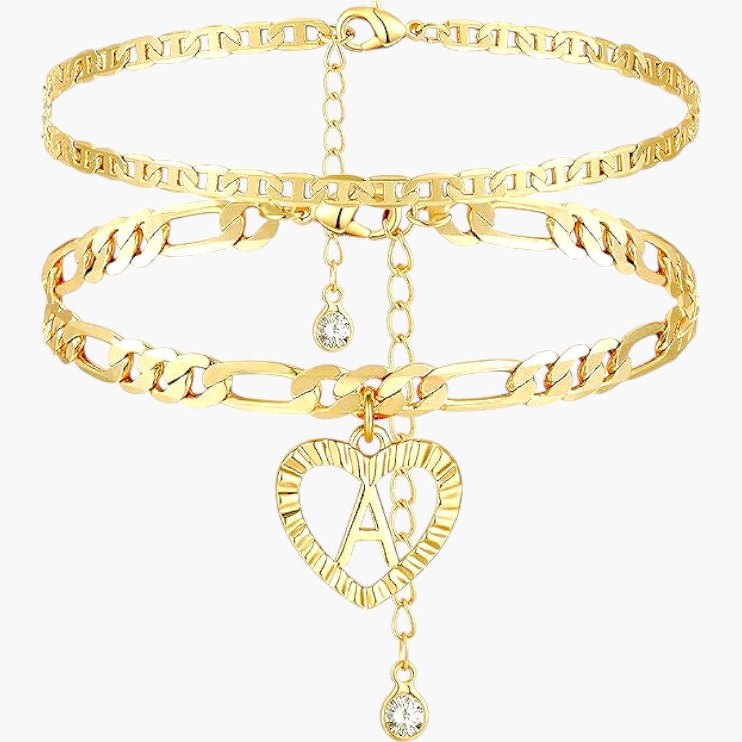 YANODA Initial Ankle Bracelets for Women - 14K Gold Plated Layered Figaro Chain with Cubic Zirconia (Personalized Jewelry)