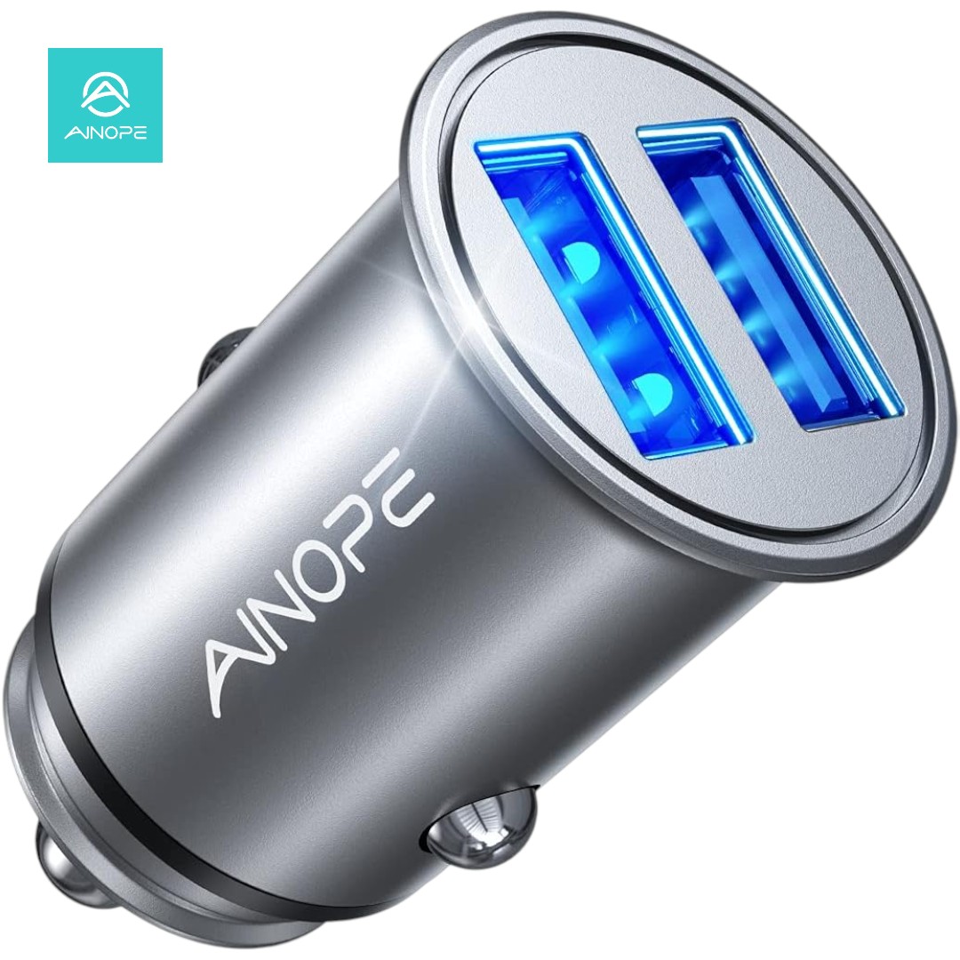 AINOPE Car Charger Adapter【Smallest Metal】4.8A Dual Port USB Car Charger for iPhone 16 Pro Max, Samsung Galaxy S25 Ultra – Compact Flush Fit Silver