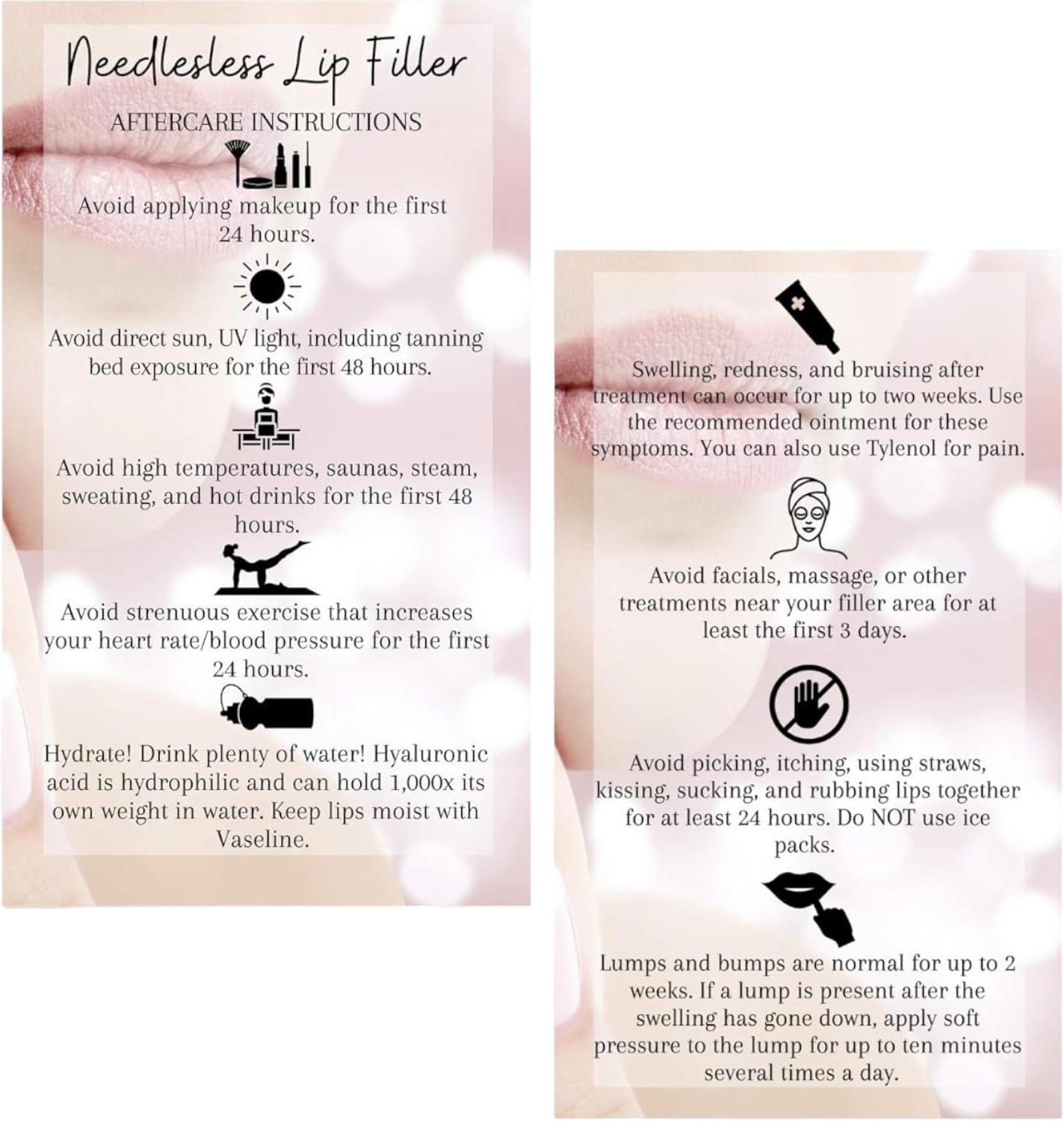 Boutique Marketing LLC Needleless Lip Filler Aftercare Instructions Card | 50 Pack | Premium Printed 2x3.5” Cards for Cosmetologists and Estheticians