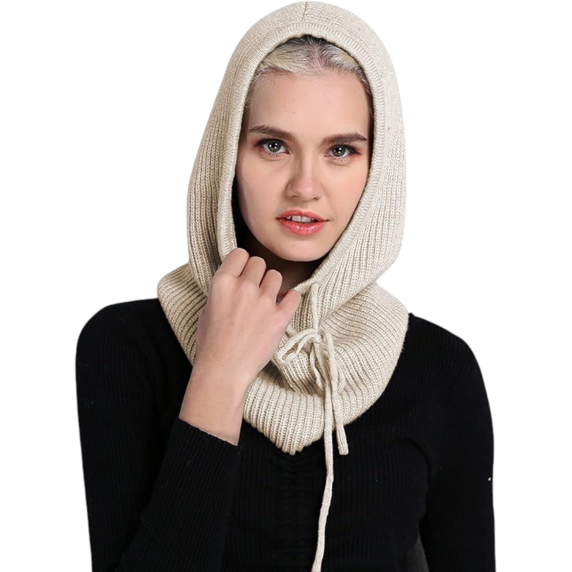 Facecozy Premium Wool Blend Winter Hooded Scarf & Balaclava Beanie Hat (Imported, One Size, Light Beige) for Women & Men