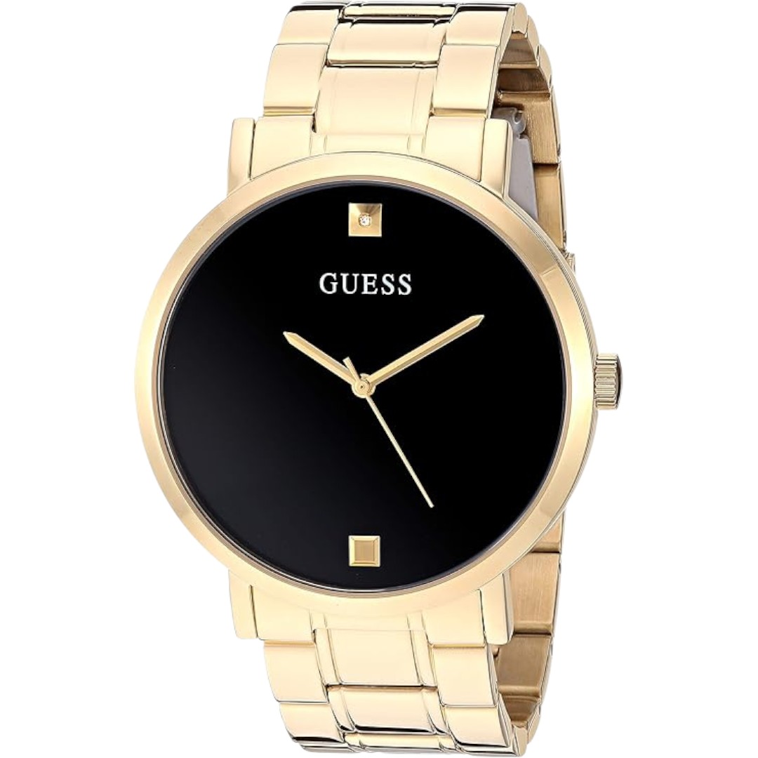 GUESS Stainless Steel Genuine Diamond Dial Watch - Gold Tone with Black Enamel