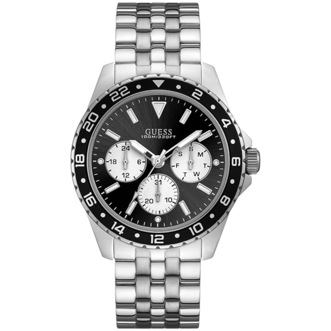 Guess Men's Analog Watch with Stainless Steel Strap - Black Multi-Function Dial