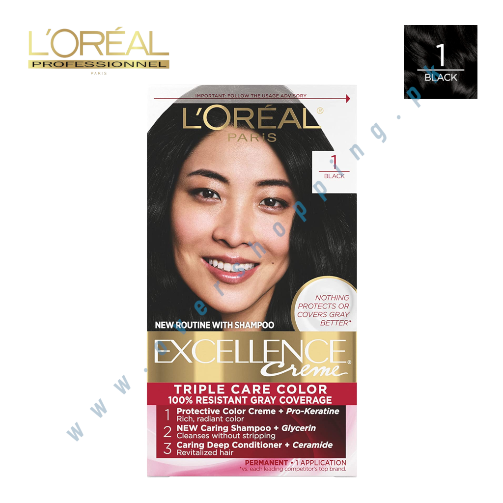 L'Oreal Paris Excellence Creme Permanent Triple Care Hair Color, 1 Black