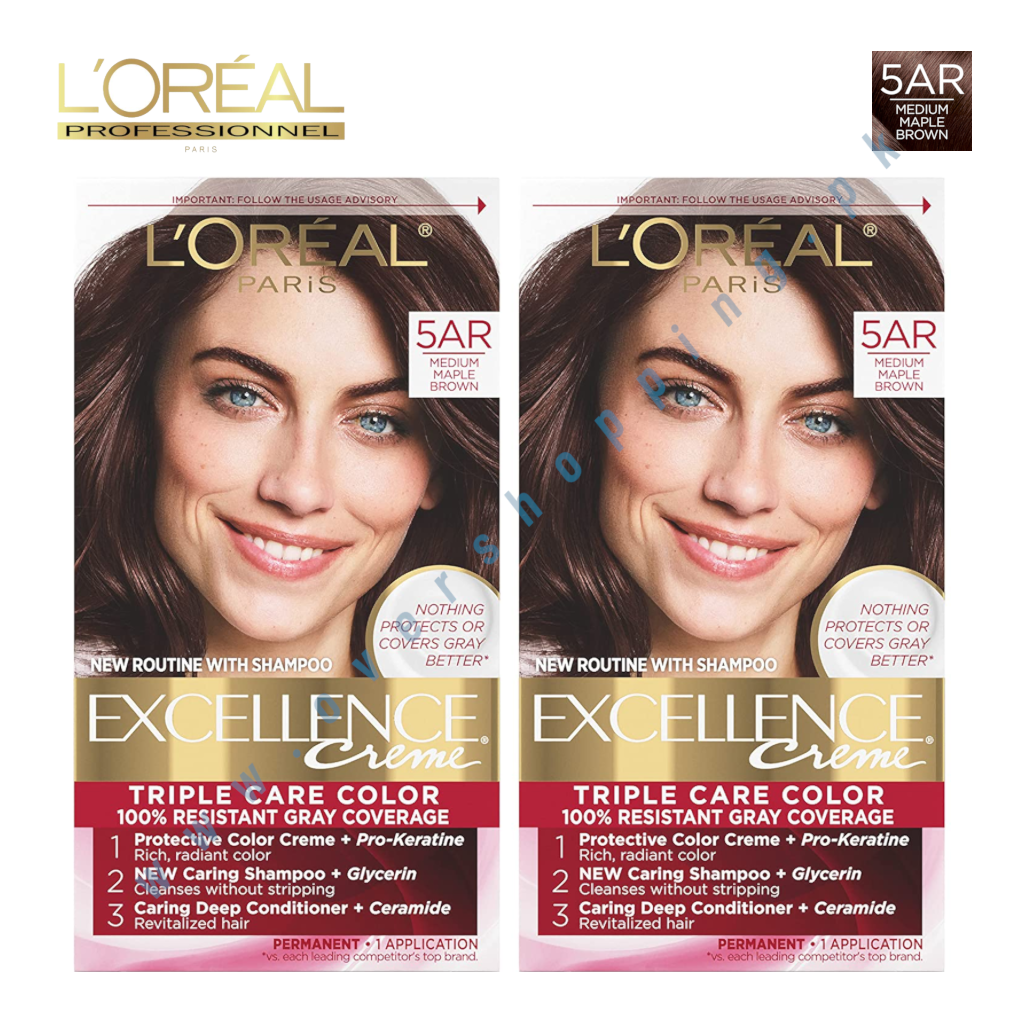 L'Oreal Paris Excellence Creme Permanent Triple Care Hair Color, Pack of 2, 5AR Medium Maple Brown