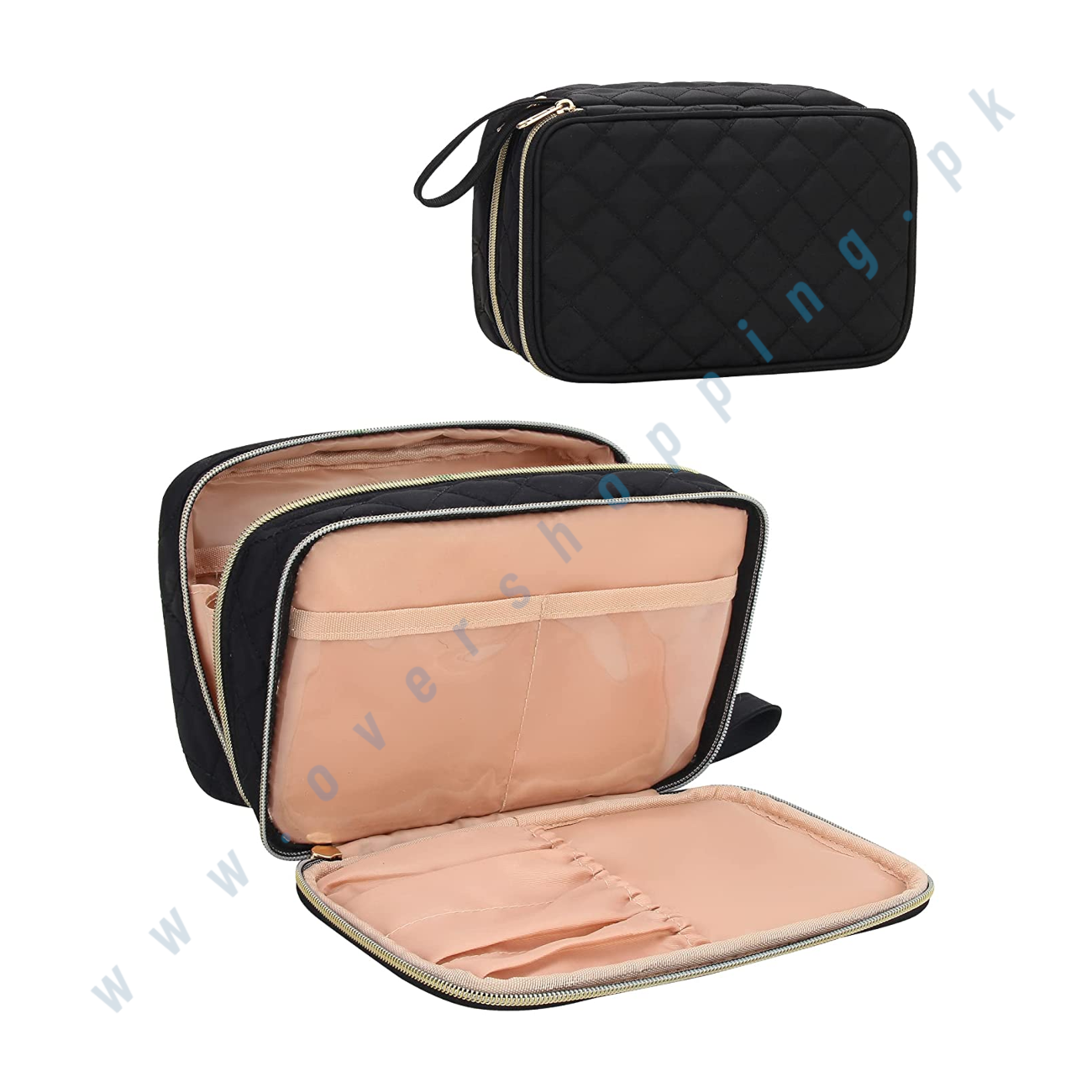 MONSTINA Travel Makeup Bag, Double Layer Toiletry Organizer Women Makeup Brush Bag, Black