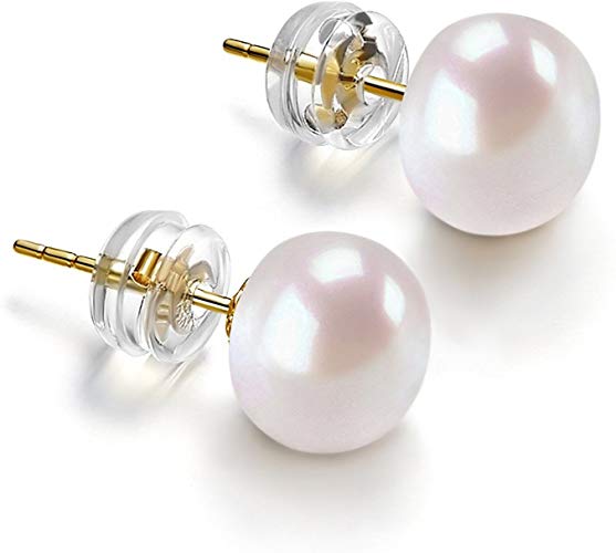 14K Gold AAA+ Handpicked White Freshwater Cultured Pearl Earrings Studs