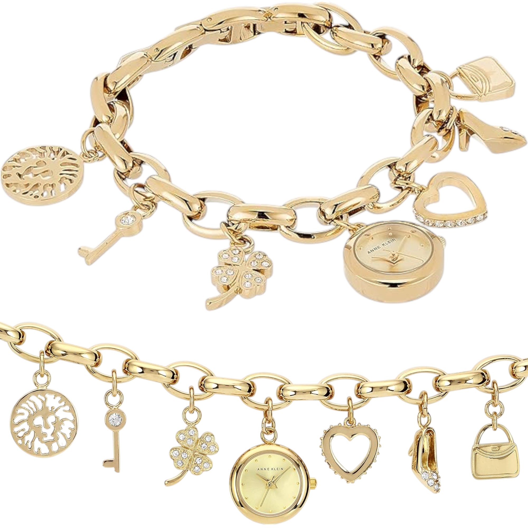 Anne Klein 10/7604CHRM Crystal Charm Bracelet Watch (Gold‑Tone, Dangling Dial) — Premium Imported Women’s Jewelry Watch