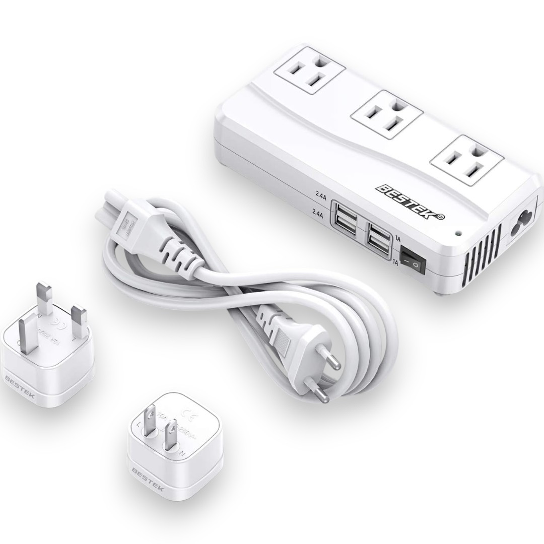 BESTEK Universal Travel Adapter 220V to 110V Voltage Converter with 4-Port USB Charging & Worldwide Plug Adapter (White) for Pakistani Travelers