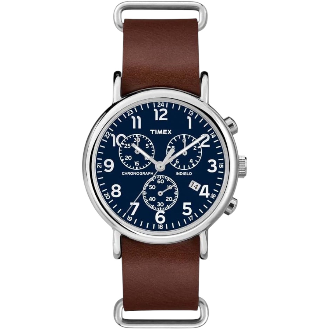 Timex Men’s Weekender 40mm Analog Watch with Blue Dial & Brown Genuine Leather Strap – Imported Premium Casual & Office Watch (TW2R63200)