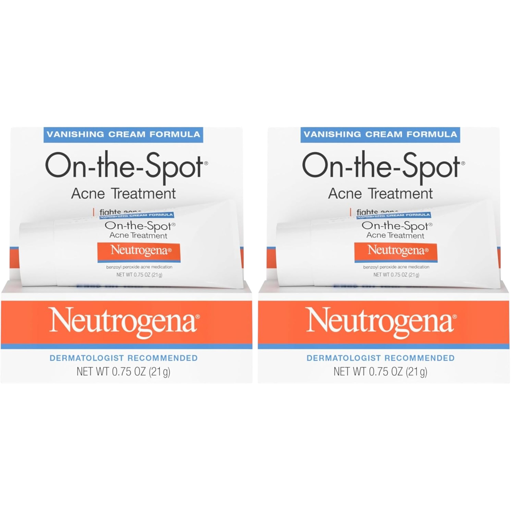 Neutrogena On‑The‑Spot Acne Spot Treatment 2.5% Benzoyl Peroxide, Vanishing Cream Gel for Face, Unscented 0.75 oz (Pack of 2)