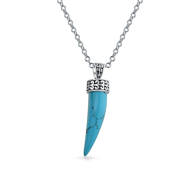 Protection Tooth Amulet Stabilized Turquoise Gemstone Italian Horn Pendant Necklace for Women 925 Sterling Silver