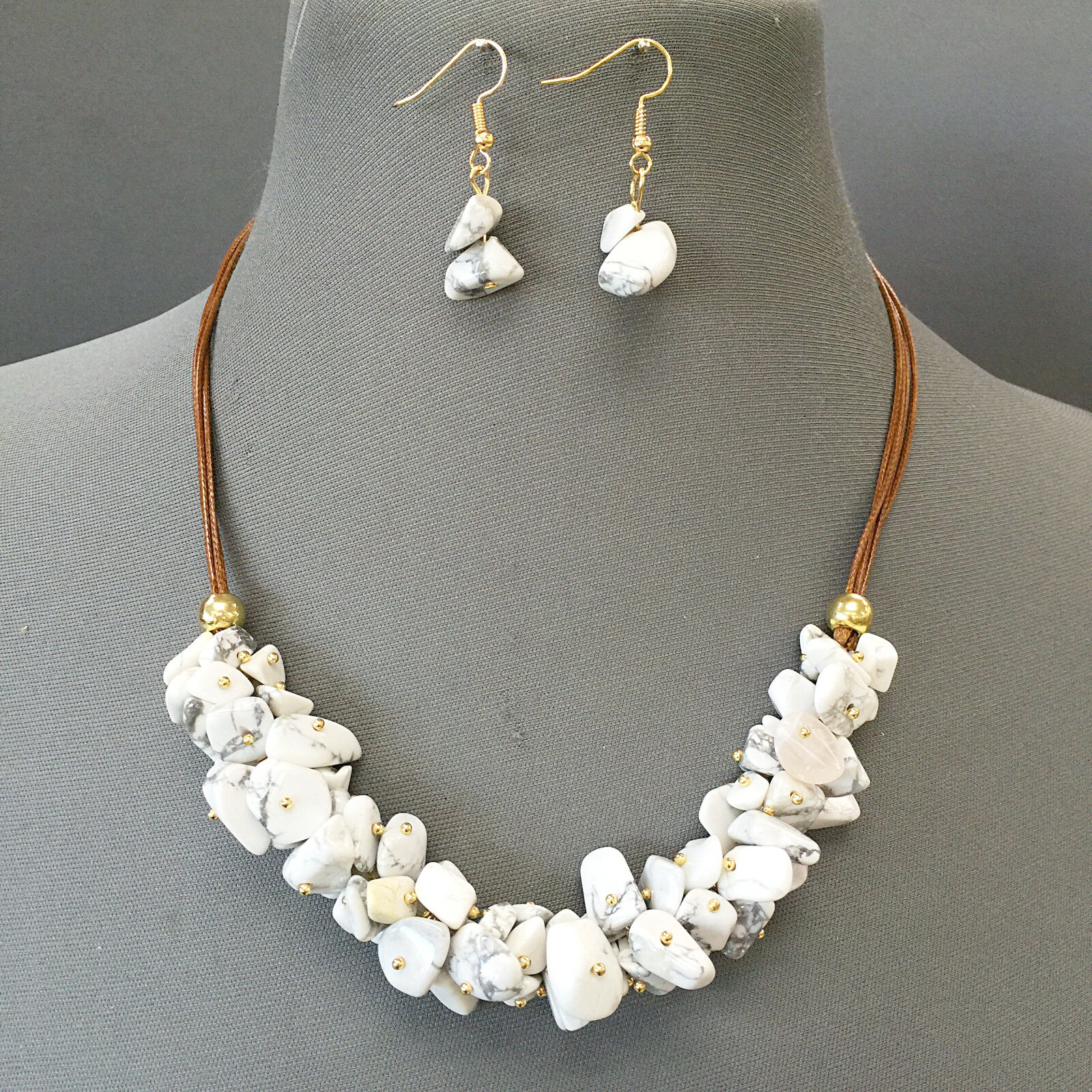 Bohemian Style Faux Leather Cord Natural White Stone Beaded Design Necklace