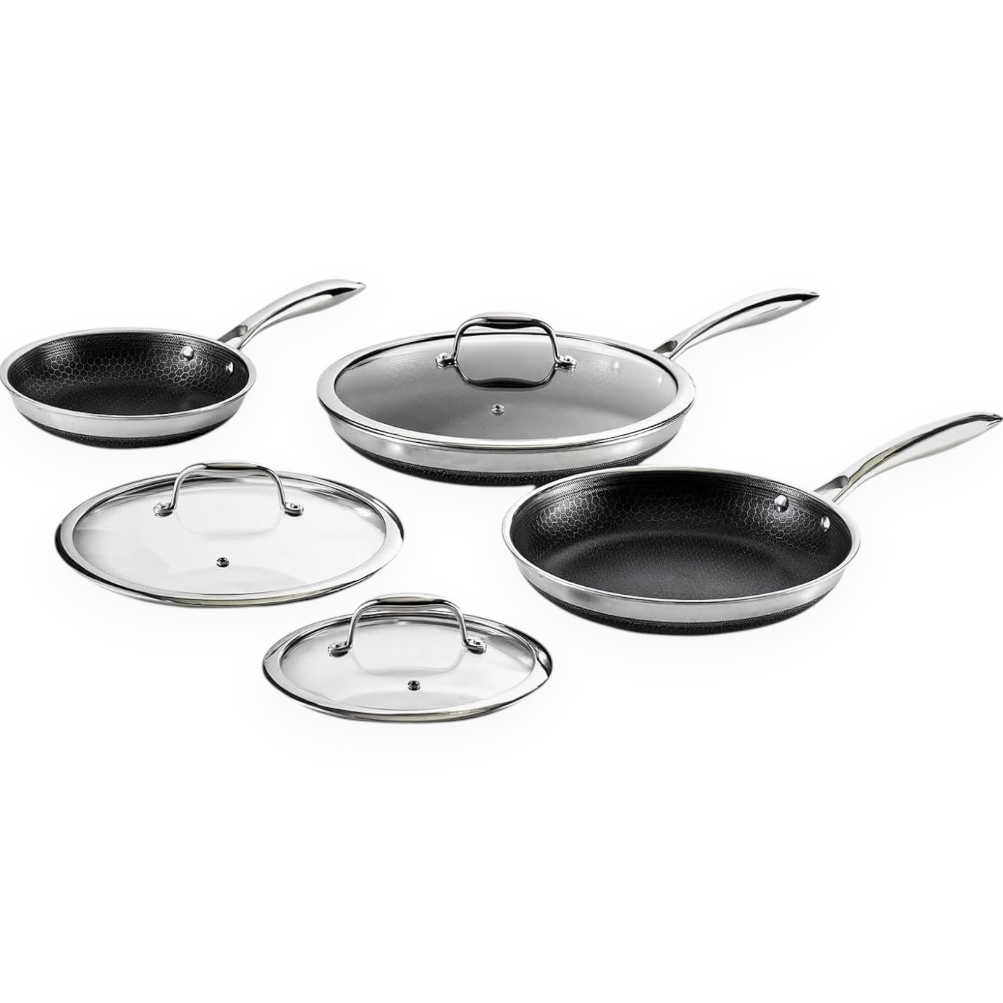 HexClad Hybrid Nonstick 6‑Piece Fry Pan Set (8/10/12 + Glass Lids) Induction Ready, Dishwasher-Friendly, Oven-Safe 900°F (Imported)