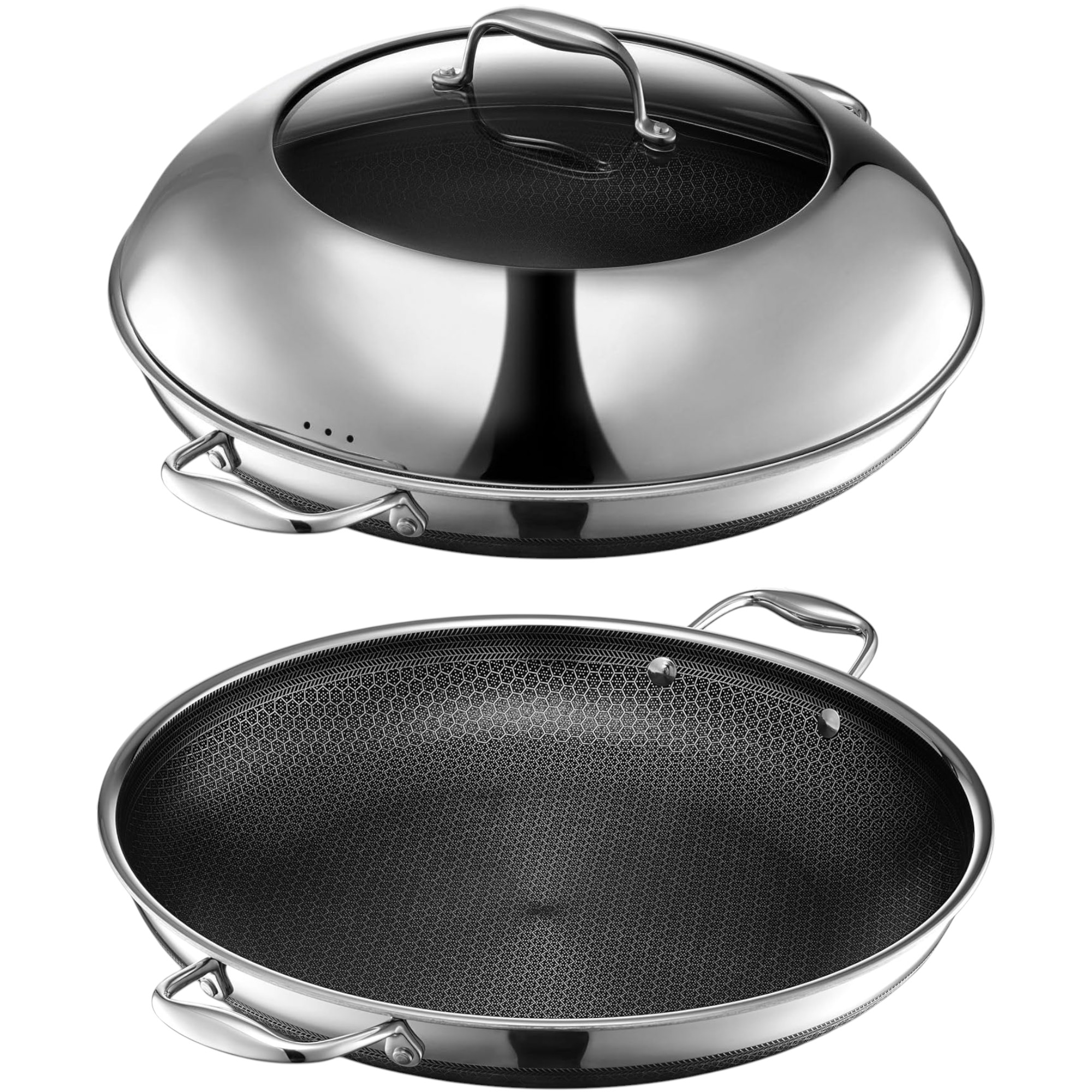 HexClad Hybrid Nonstick 14‑Inch Frying Pan + Stainless Steel Lid (Induction Ready, Dishwasher-Friendly, Oven-Safe 900°F) Imported