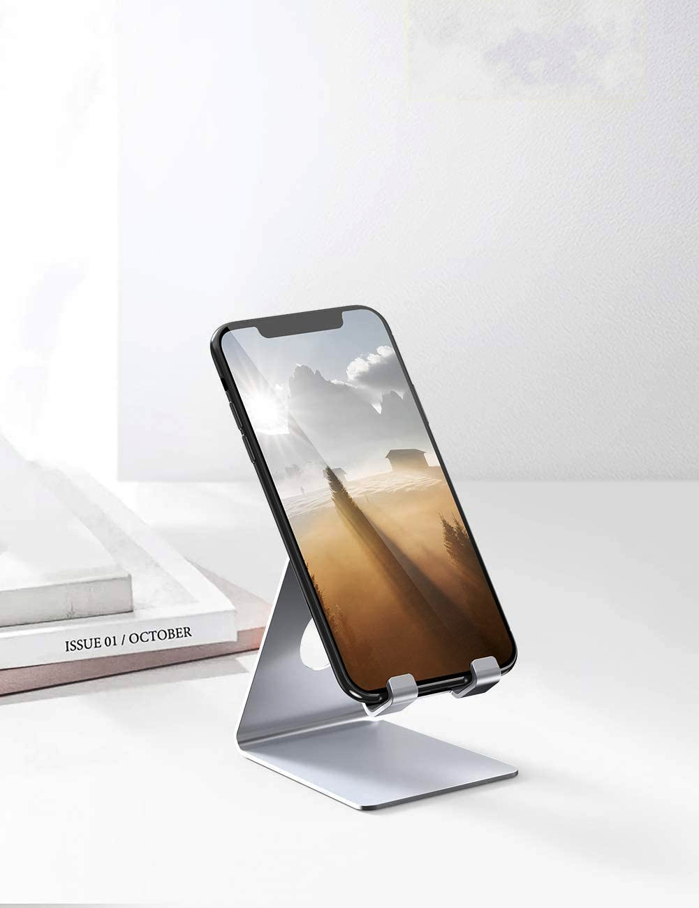 Lamicall Cell Phone Stand, Desk Phone Holder Cradle, Compatible with Phone 12 Mini 11 Pro Xs Max XR X 8 7 6 Plus SE, All Smartphones Charging Dock, Office Desktop Accessories - Silver