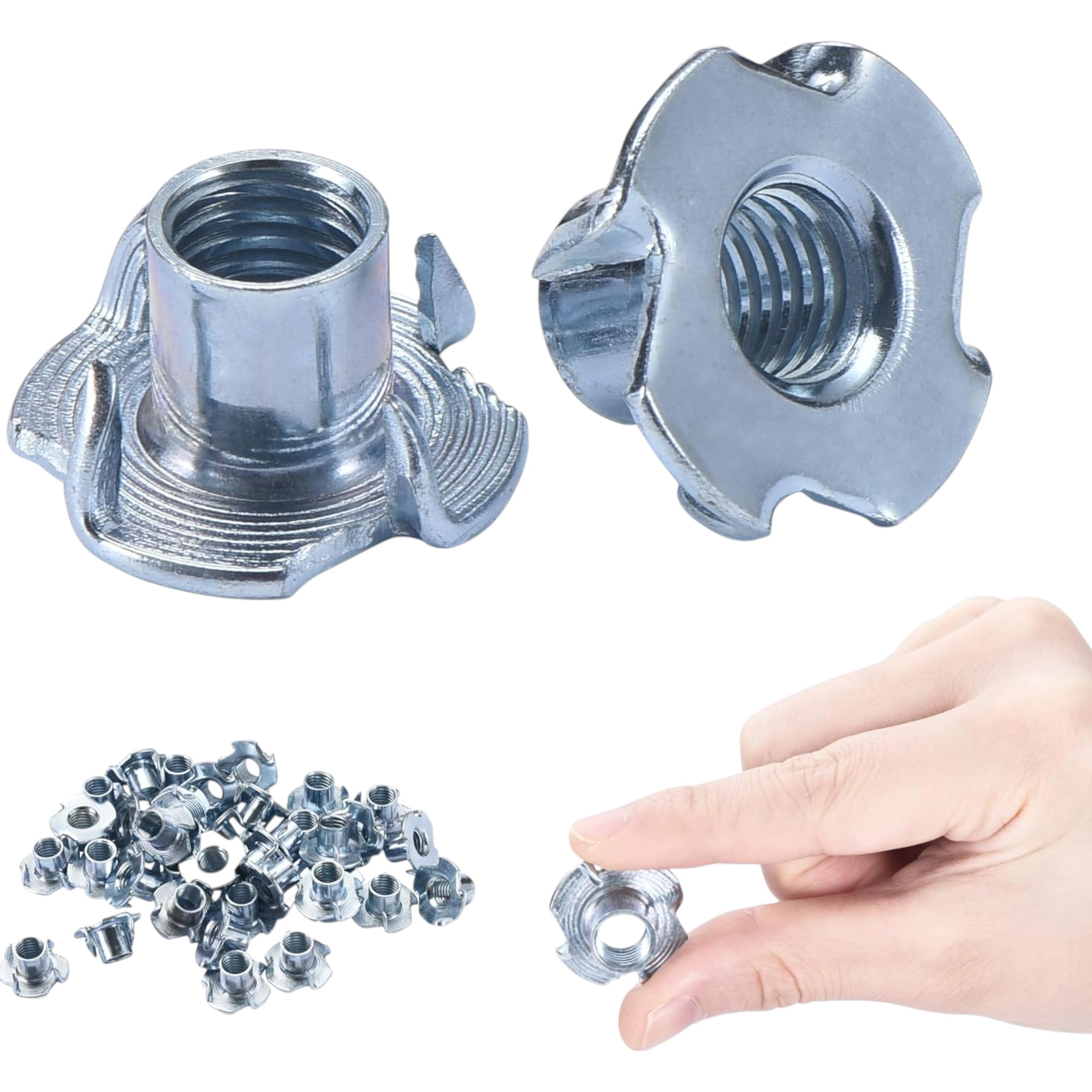 Bolt Dropper T-Nut Wood Insert, Carbon Steel, Black Zinc Finish, 4-Prong 1/4"-20x5/16, Flush Surface Fasteners - Set of 100 (Premium Imported, Rust-Resistant)