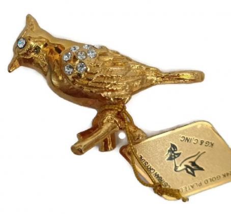 Austrian Crystal Element Studded Cardinal on Branch Figurine 24k Gold Plated Ornament