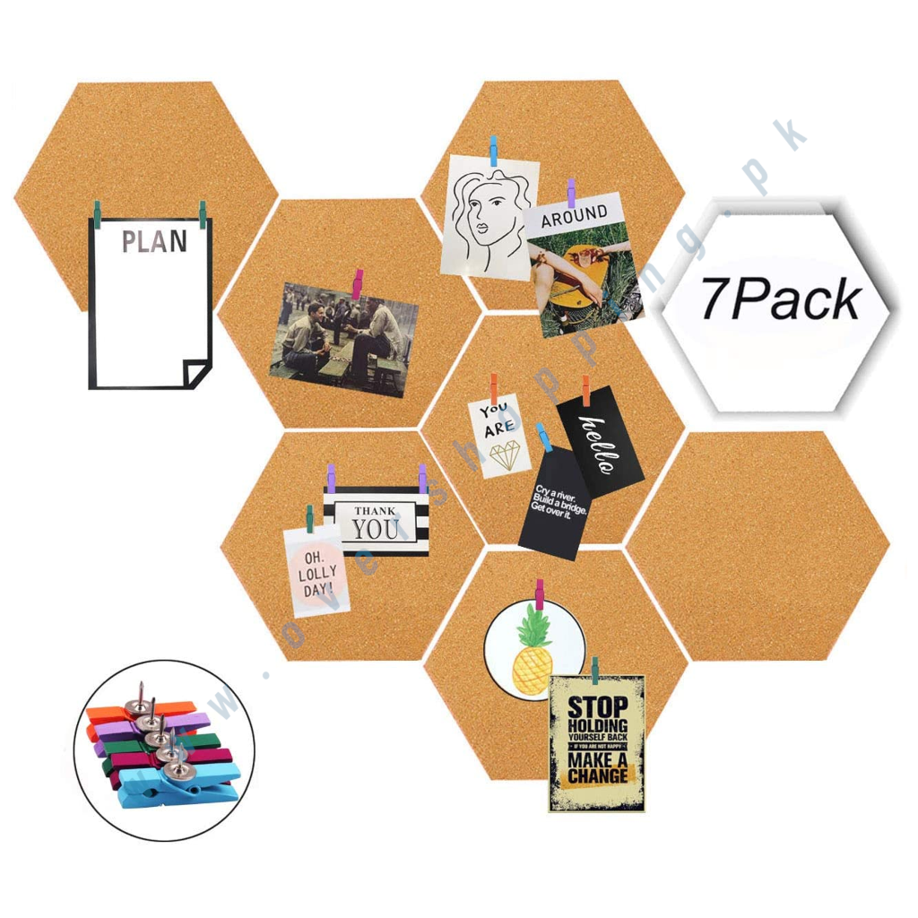 Moi Doi Wall Decor,Bulletin Board, Pin Board, Cork Tiles,Hexagon Cork Board with Adhesive Backing Memo Boards Message Board for Office/Home/Kitchen/Dorm Room,7 Pack +30 PINS