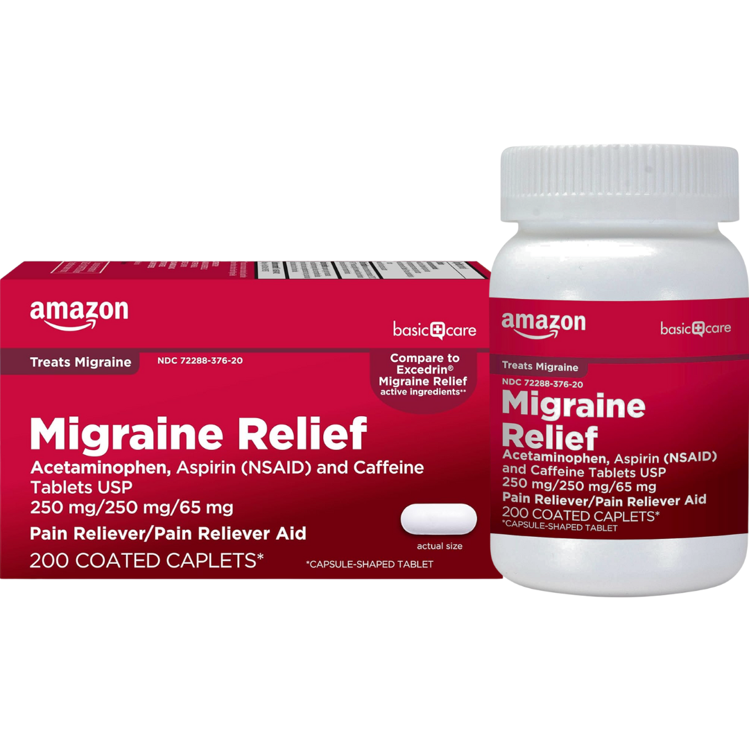 Amazon Basic Care Migraine Relief Caplets (Acetaminophen, Aspirin & Caffeine) – 200ct – Imported USA Headache Pain Reliever