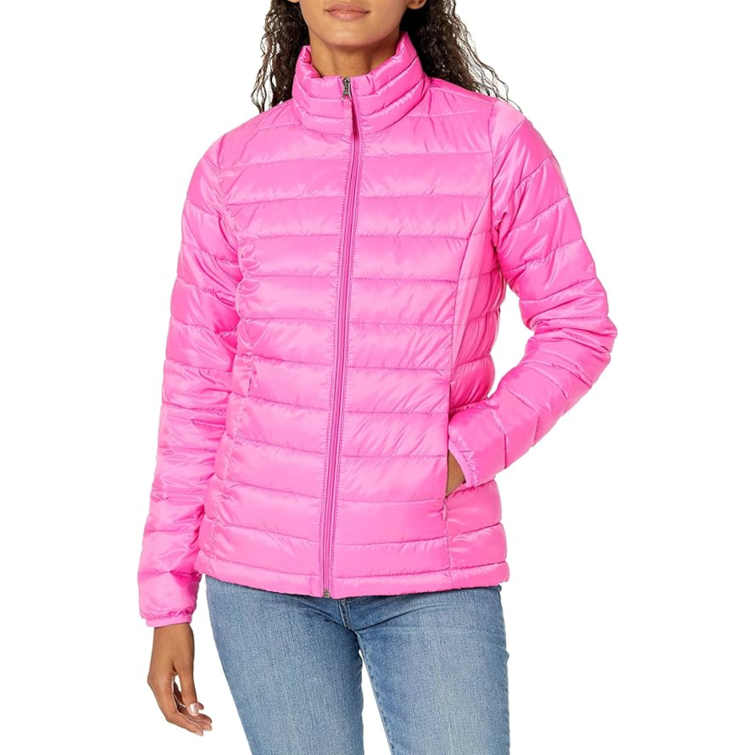 Amazon Essentials Women's Packable Lightweight Water-Resistant Puffer Jacket - Neon Pink
