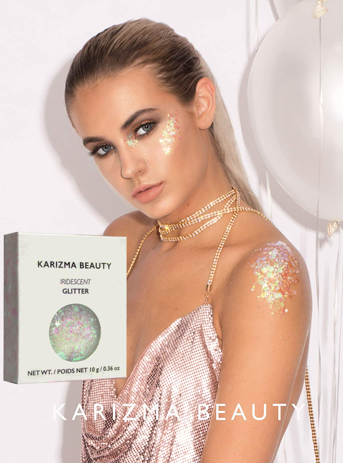 Karizma Beauty Chunky Festival Cosmetic Face Body Hair Nails Glitter, 0.36 Oz (10g) - Iridescent