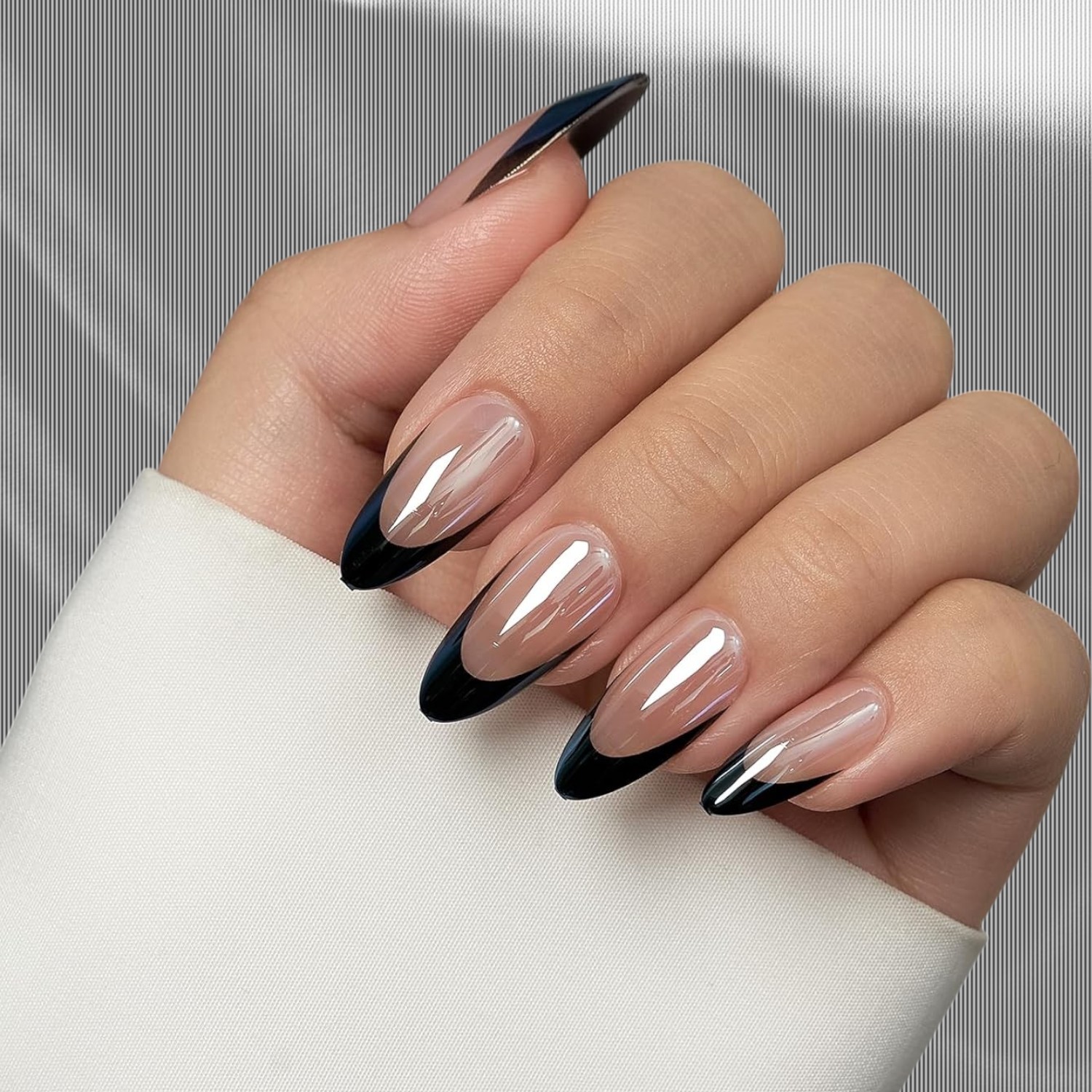 BTArtbox French Tip Press On Nails - New Year Short Almond Press on Nails, 30 Fake Nails Kit, Black Swan