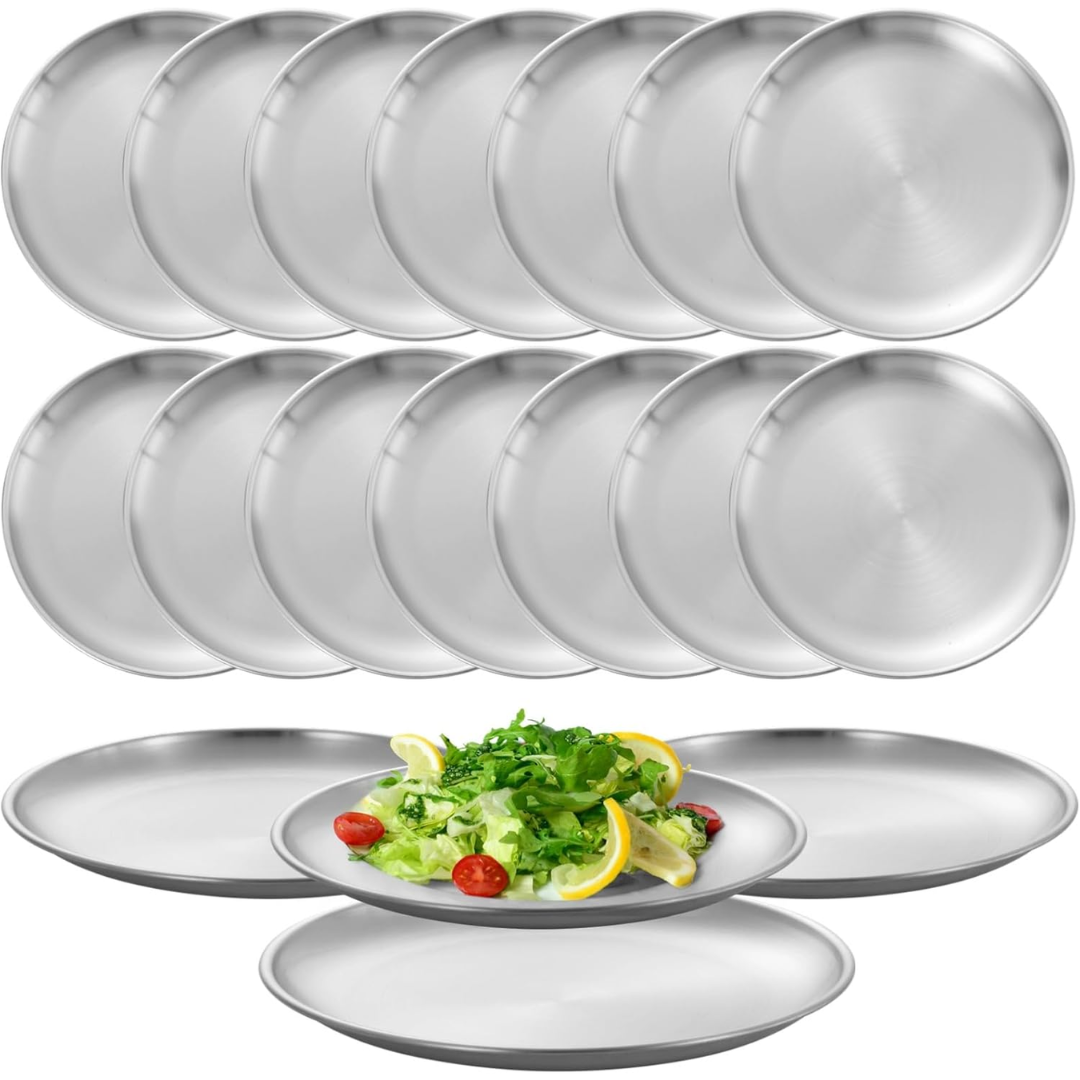 Stainless Steel Dinner Plates, Reusable Brushed Metal Plates, 9 inch Round Dinner Dishes, Serving Plates - 16 Pcs