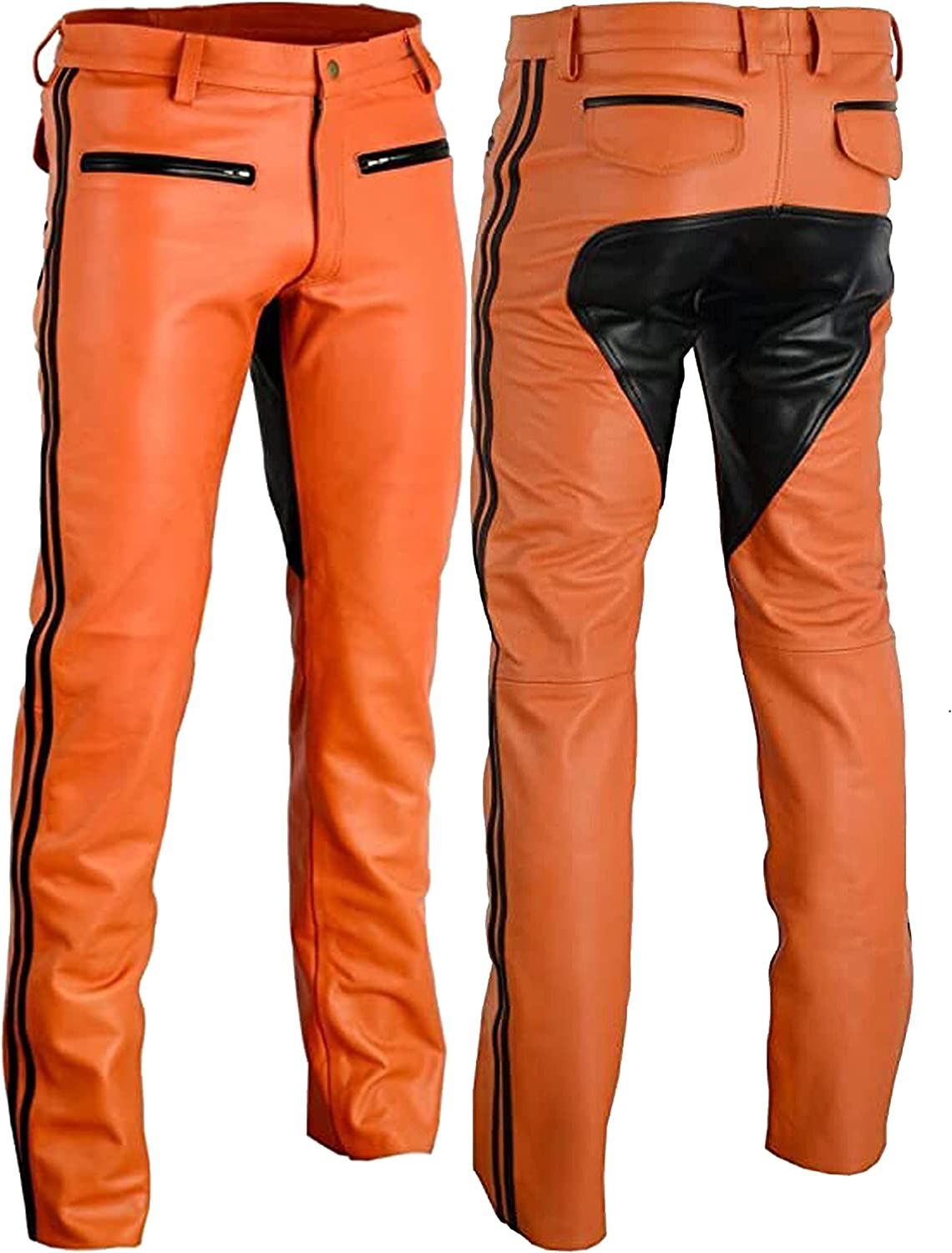 Men's Genuine Cowhide Leather Bootcut Fit Rider Bikers Pants - Orange