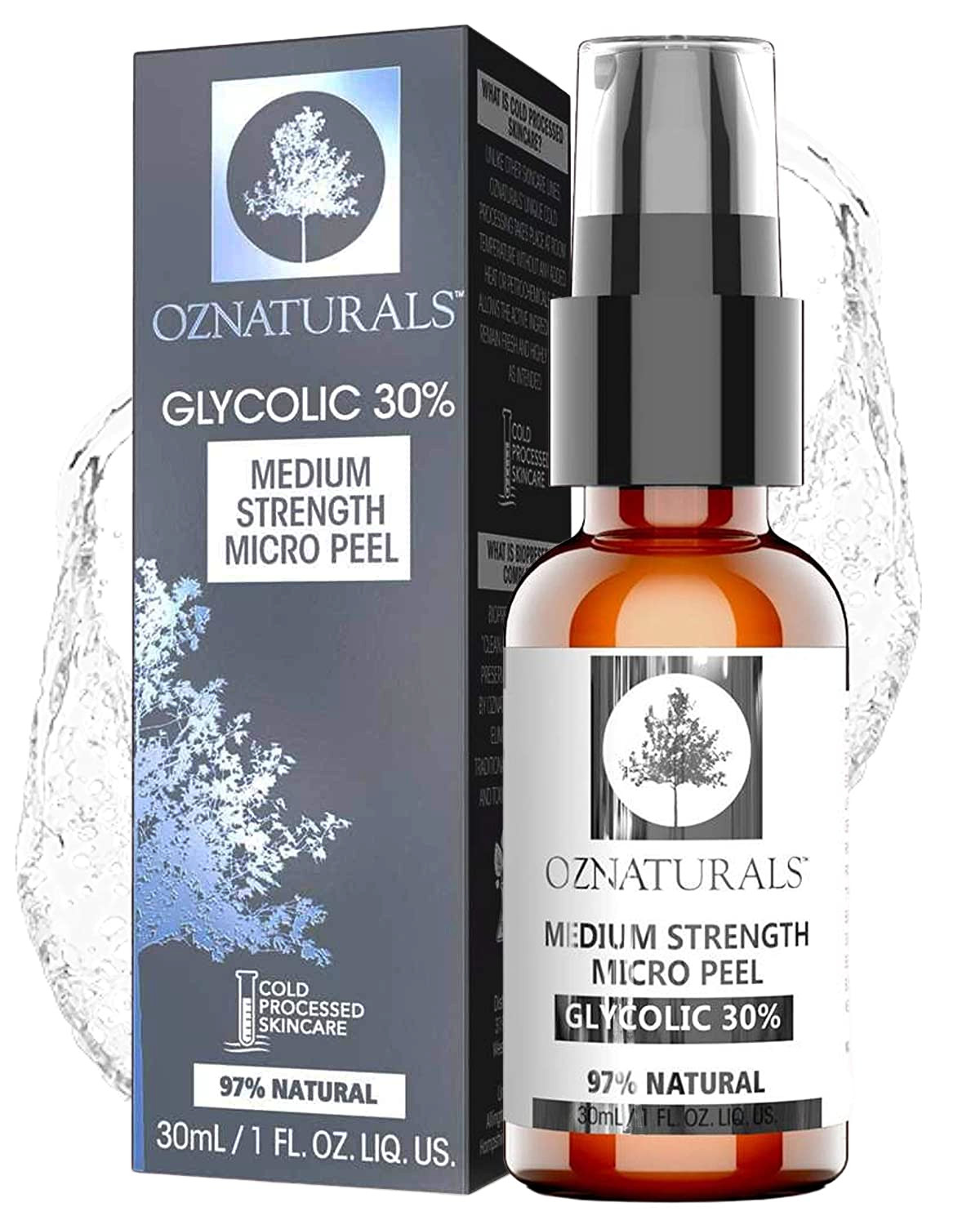 OZNaturals 30% AHA Glycolic Acid Facial Peel & Pore Minimizer Face Wash - 1.0Fl.Oz (30ml)