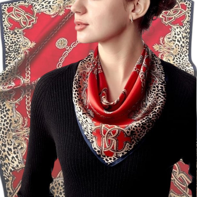 Neck Scarf 21"x21", 100% Mulberry Silk, Small Square Scarfs for Women - Red Leopard