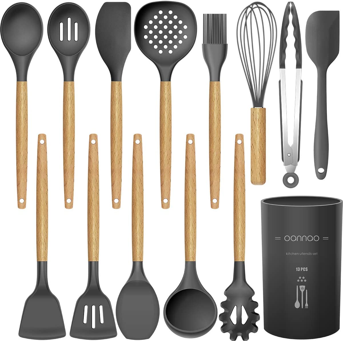 14 Pcs Silicone Cooking Utensils Kitchen Utensil Set - 446°F Heat Resistant,Turner Tongs,Spatula,Spoon,Brush,Whisk. Wooden Handles Gray Kitchen Gadgets Tools Set for Nonstick Cookware (BPA Free)