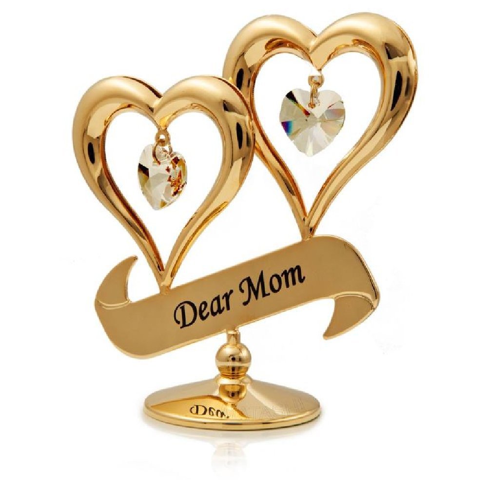 24k Gold Plated Double Heart Dear Mom Figurine with Austrian Crystal Components