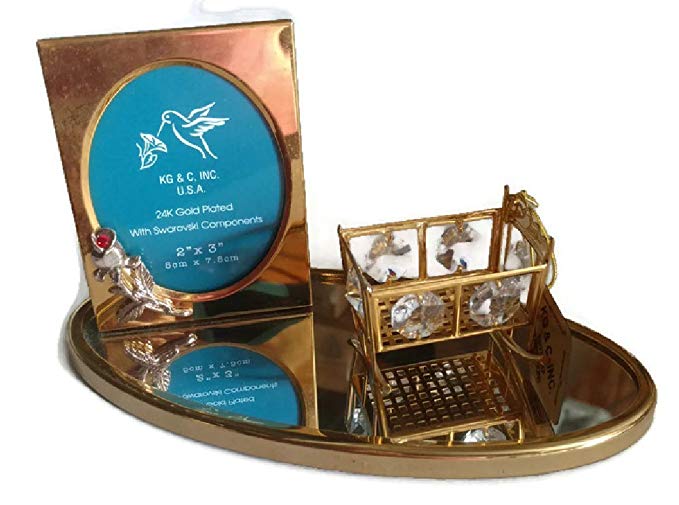 24k Gold Plated Frame with Baby Cradle Figurine with Austrian Crystal Components