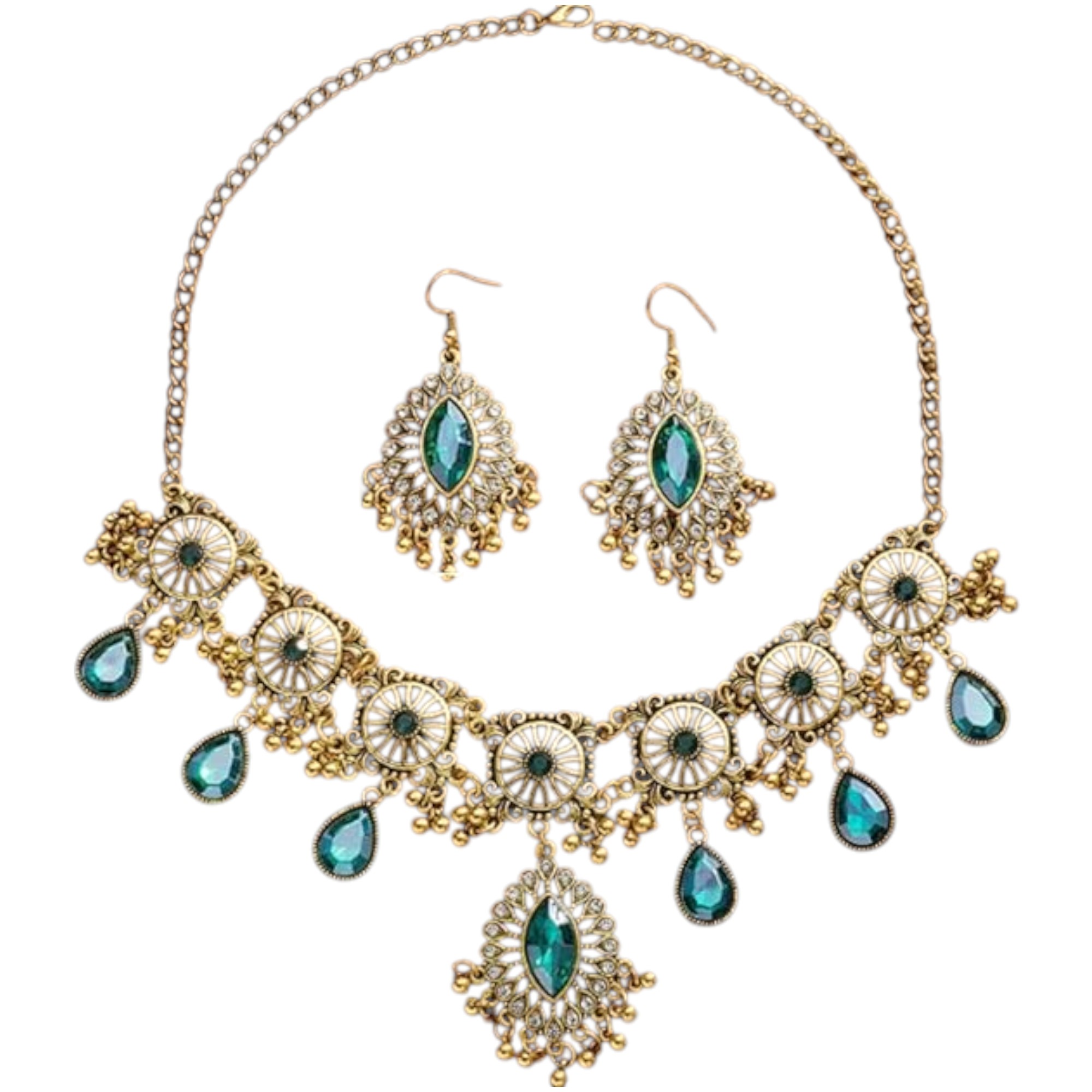 Frodete Indian Jewelry Set for Women – Gold Green Antique Oxidized Bridal Necklace & Earrings, 925 Sterling Silver Alloy (Traditional Bohemian Party & Prom Wear)