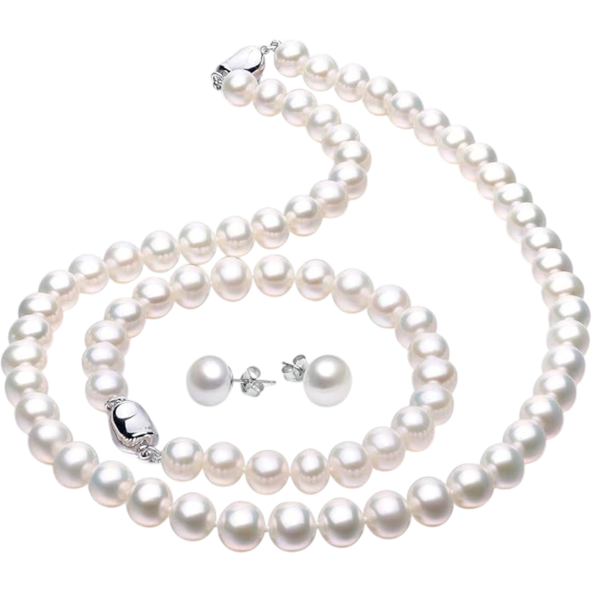 VIKI LYNN Freshwater Cultured Pearl Necklace Set with Bracelet & Stud Earrings – AAA-Grade 925 Sterling Silver, 18K Gold Plated Clasp (For Weddings & Gifts)