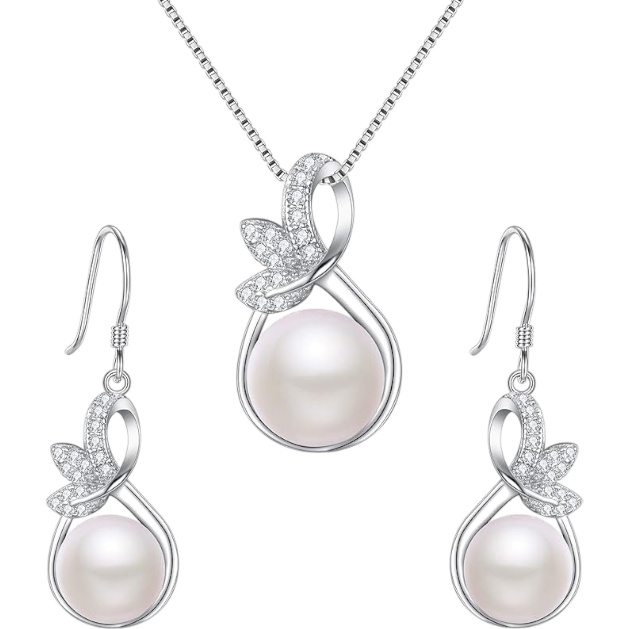 EleQueen 925 Sterling Silver CZ AAA Button Cream Freshwater Cultured Pearl Bridal Necklace & Earrings Set (Adjustable, Luxury Gift for Weddings & Special Occasions)