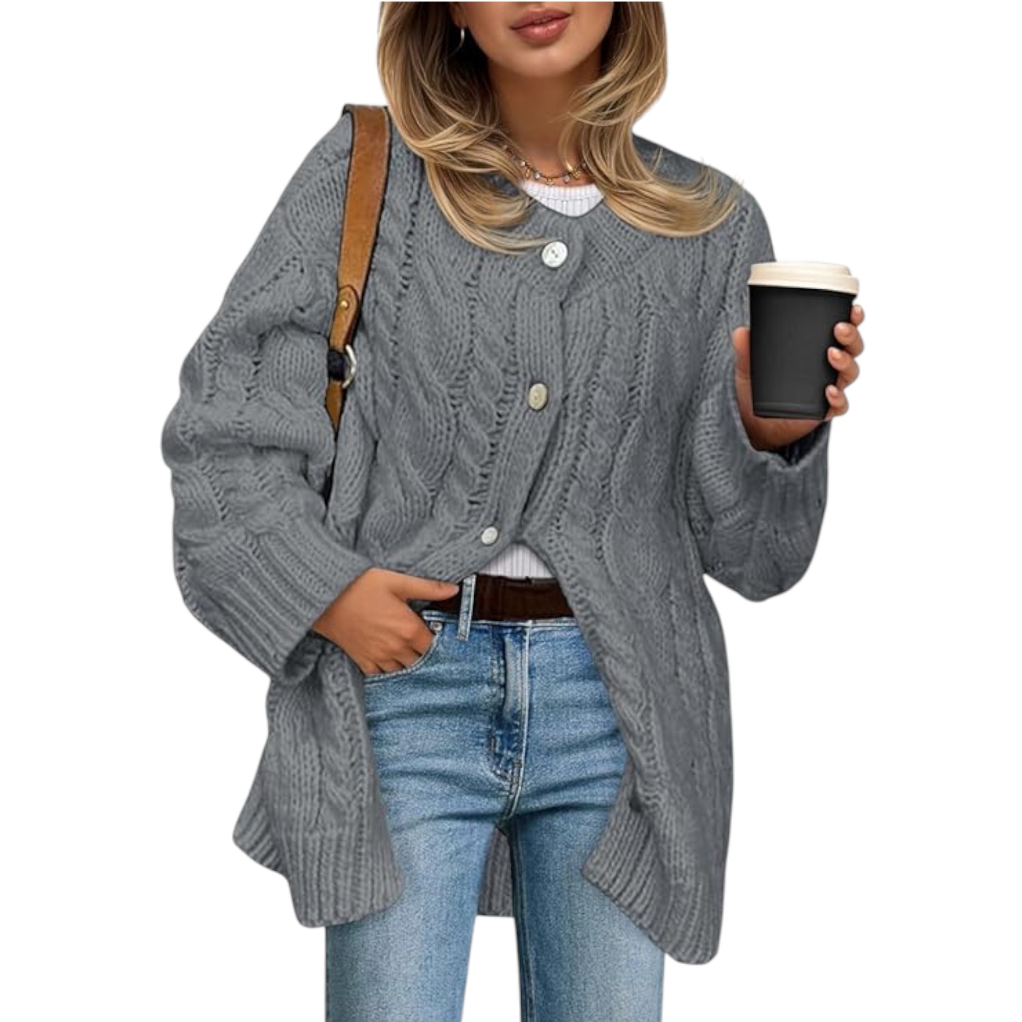 Saodimallsu Women’s Cable Knit Cardigan Sweater – Chunky Button-Up, Long Sleeve, Crew Neck, Soft Thick Polyester Knit, Oversized Warm Sweater Dress (Grey, X-Large)