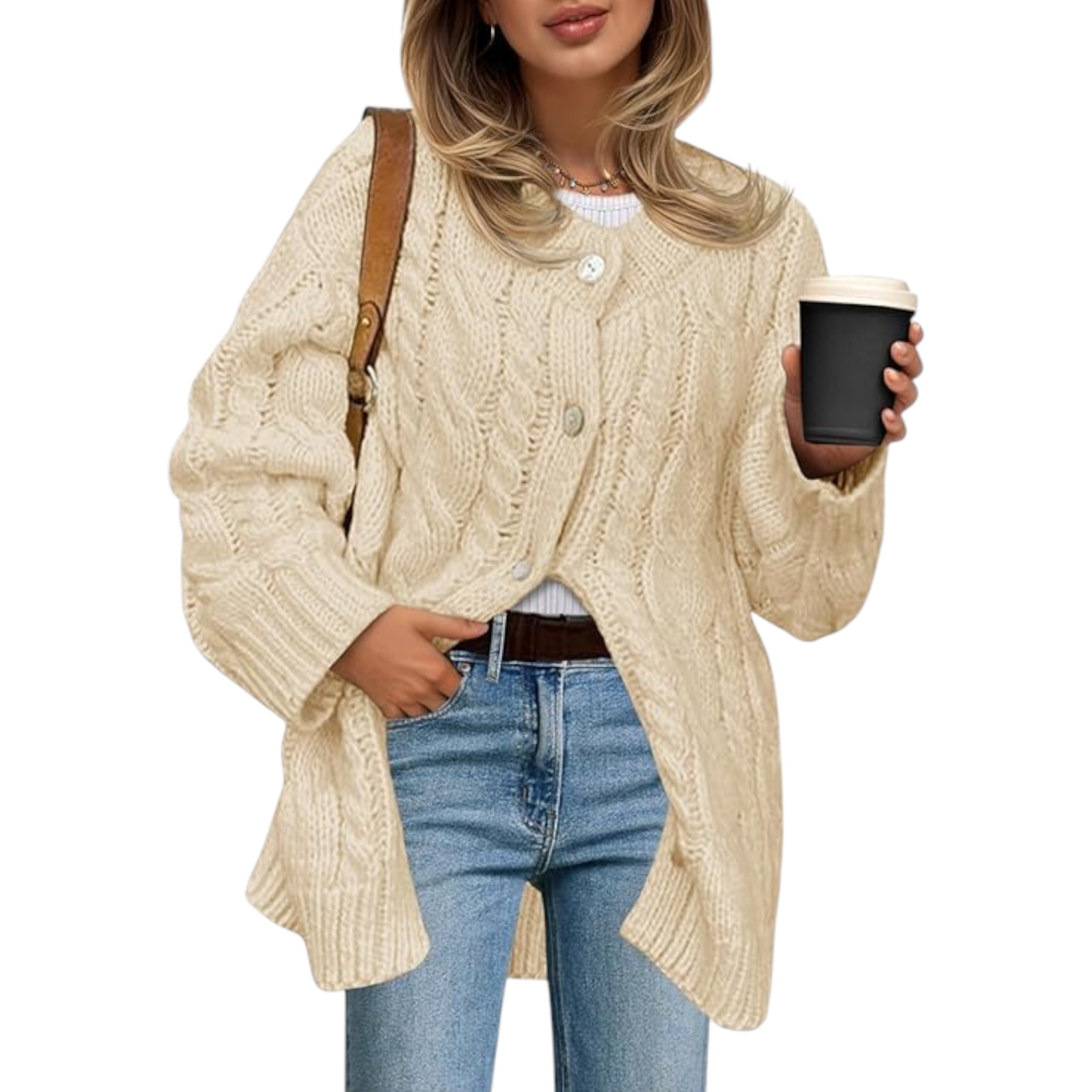 Saodimallsu Women’s Cable Knit Cardigan Sweater – Chunky Button-Up, Long Sleeve, Crew Neck, Soft Thick Polyester Knit, Oversized Warm Sweater Dress (Apricot, X-Large)