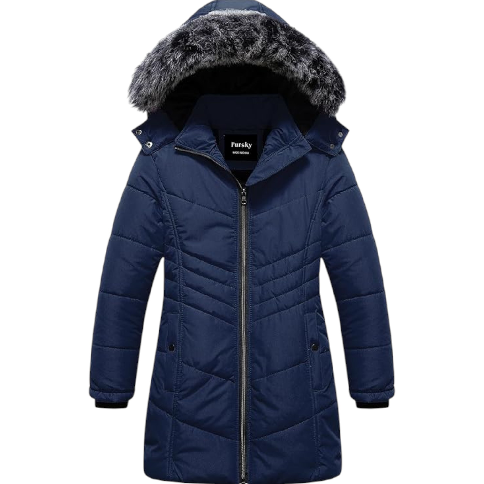 Pursky Girls’ Warm Navy Blue Winter Coat – Long Fleece Lined Waterproof Puffer Parka with Removable Hood (Size 8)
