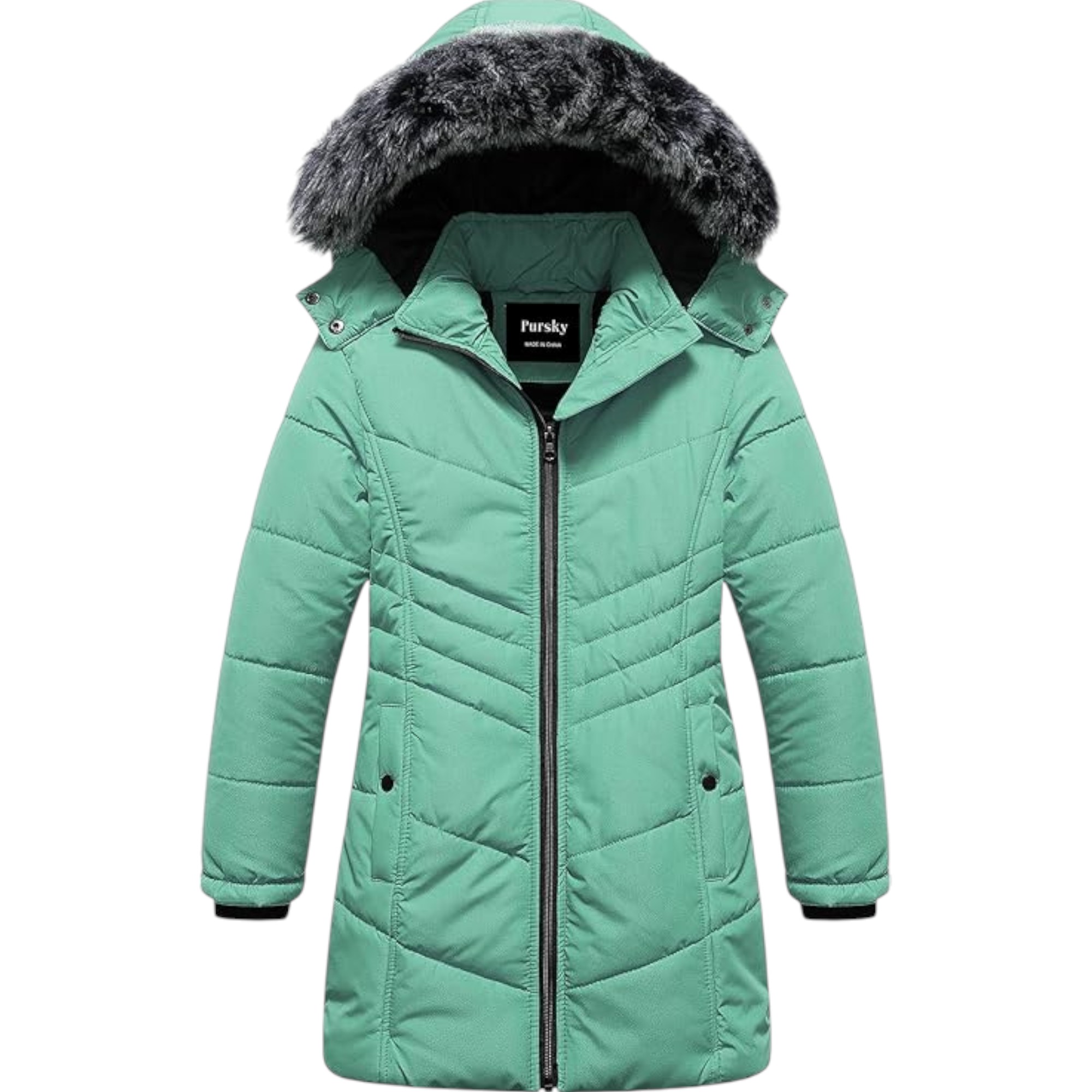 Pursky Girls’ Warm Mint Green Winter Coat – Long Fleece Lined Waterproof Puffer Parka with Removable Hood (Size 14-16)