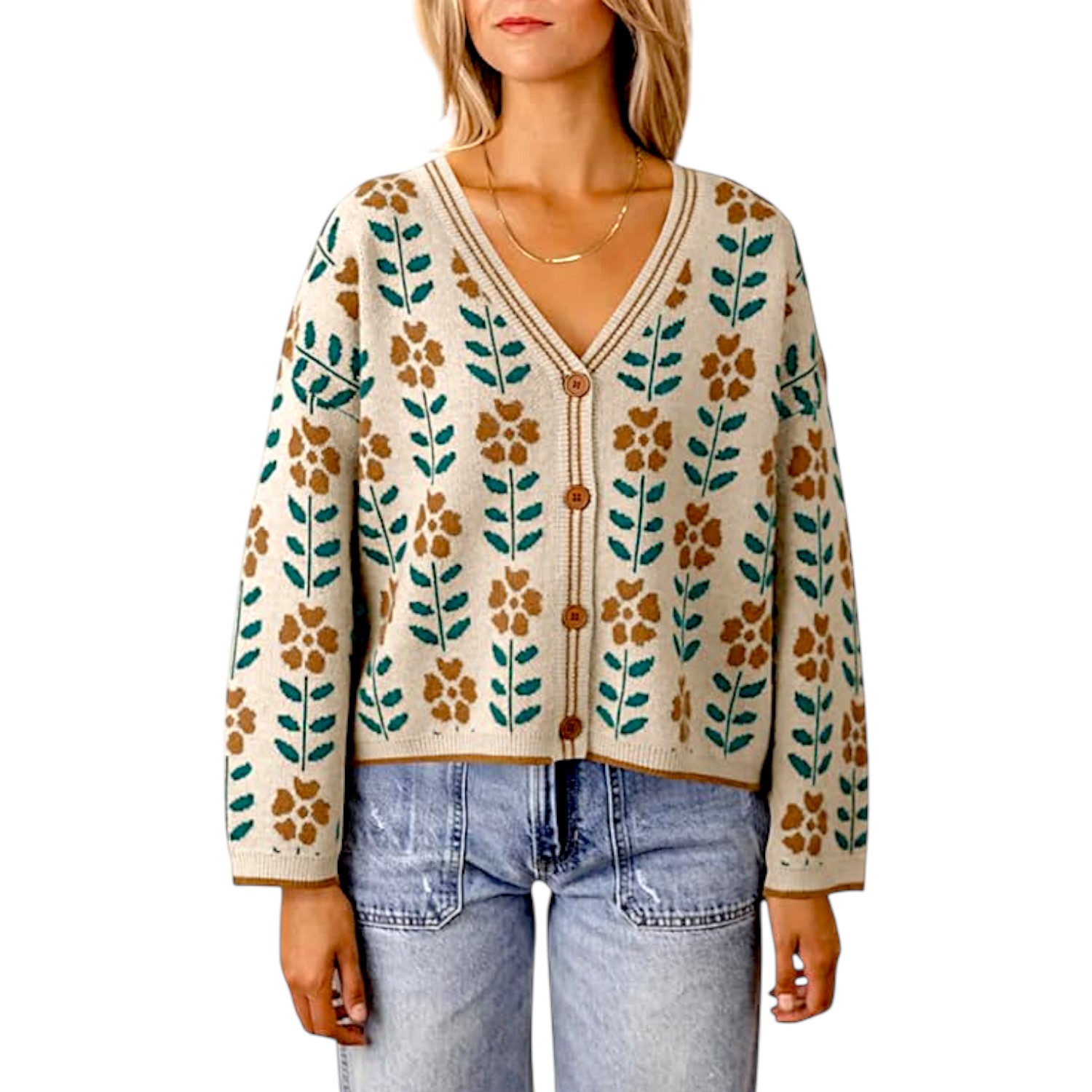 Saodimallsu Womens Floral Print V Neck Button-Down Knit Cardigan Sweater – Soft, Loose Fit Long Sleeve (Apricot, XL)