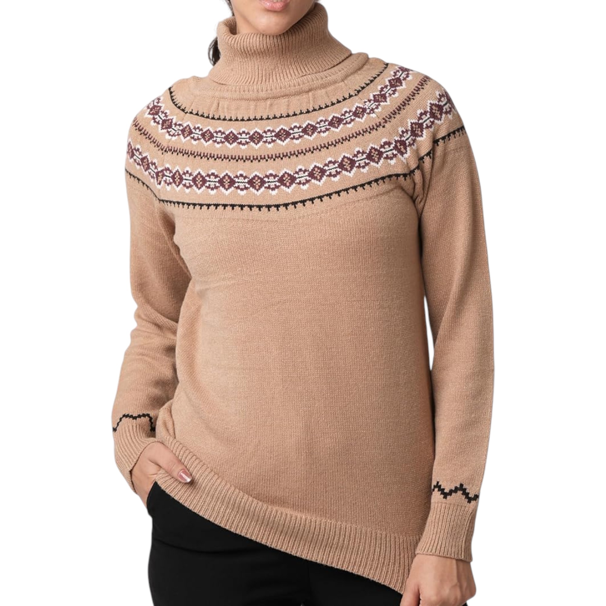 Classic Fair Isle Womens Turtleneck Sweater – Soft Lightweight Tan Pullover, Size XL – Premium Imported Cozy Winter Wear